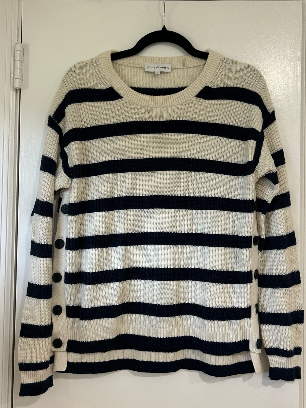 White + Warren Wool Blend Navy White Stripes Button Detail Sweater Small